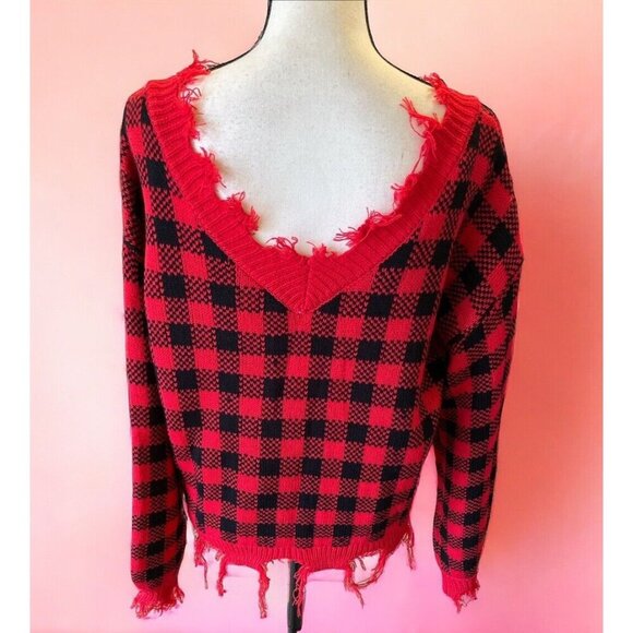 Derek Heart Distressed Cropped V Neck Sweater Junior Size L Plaid Candy Cane - Picture 3 of 16